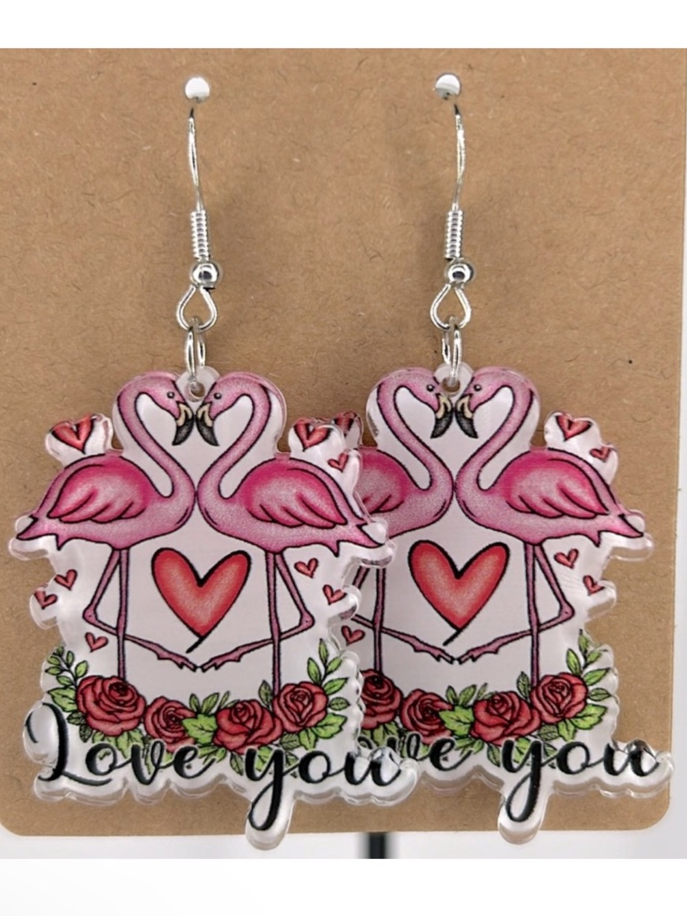 Pink Acrylic Flamingo “Love You” Dangle Earrings Valentines